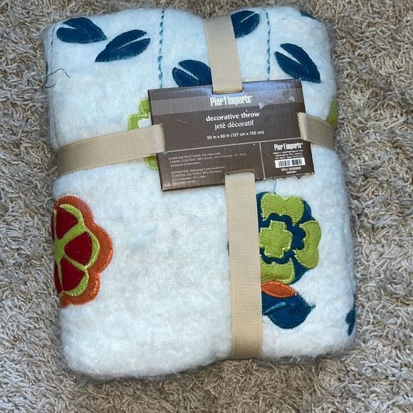 New Pier 1 Imports Embroidered Floral Birds Wool Blend Decorative Throw 50" x 60 - Picture 2 of 9